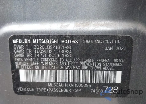 2021 Mitsubishi Mirage Carbonite Edition/Es/Le из США, поврежденный, VIN ML32AUHJXMH005095